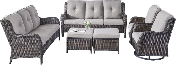 Rilyson Wicker Patio Furniture Set - 6 Piece Rattan Outdoor Sectional Conversation Sets with 2 Rocking Swivel Chairs,2 Ottomans and 2 Sofa for Porch Deck Garden(Brown/Grey)