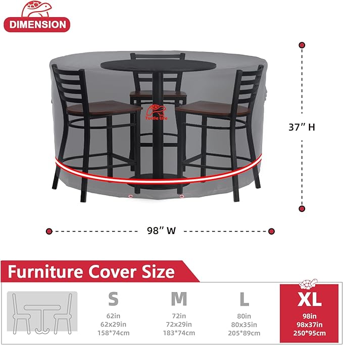 Turtle Life Patio Furniture Sets Cover, Heavry Duty Round Outdoor Dinning Table and Chairs Cover, Anti-Fading Cover for Outdoor Furniture Set, Black, Dia 98" x 37" H