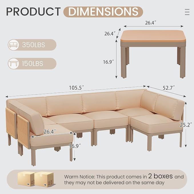 EROMMY 7 Pieces Patio Sectional Furniture Set, Metal Frame Outdoor Conversation Set with 6" Thick Cushions & Coffee Table, All-Weather U-Shape Sectional Sofa for Poolside, Deck, Backyard, Beige