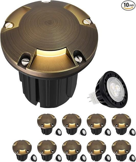 MALORY Brass Top Cover Landscape Well Lights,(φ126 mm) 12V Low Voltage Outdoor In Ground Lights,Landscape Lighting for Pathway, Driveway and Garden (Three-Direction Turret, 10-Pack with Bulb)