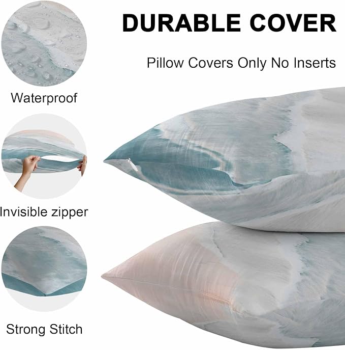 Watercolor Blue White Wave Ripple Ocean Beach Outdoor Pillow Covers Set of 2,Decorative Waterproof Throw Pillow Case, Coastal Landscape Cotton Linen Soft Cozy Cushion Pillowcases