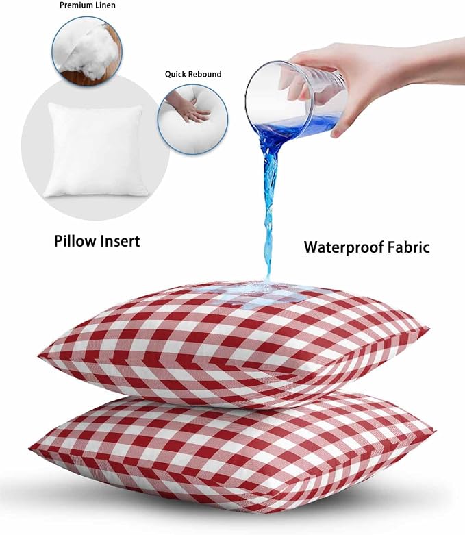 Outdoor Waterproof Throw Pillows Red Gingham Check Patio Pillows Pack of 2,Decorative Pillow Covers with Insert,Pillow Cushion Case for Garden Couch Sofa Country Buffalo Plaid