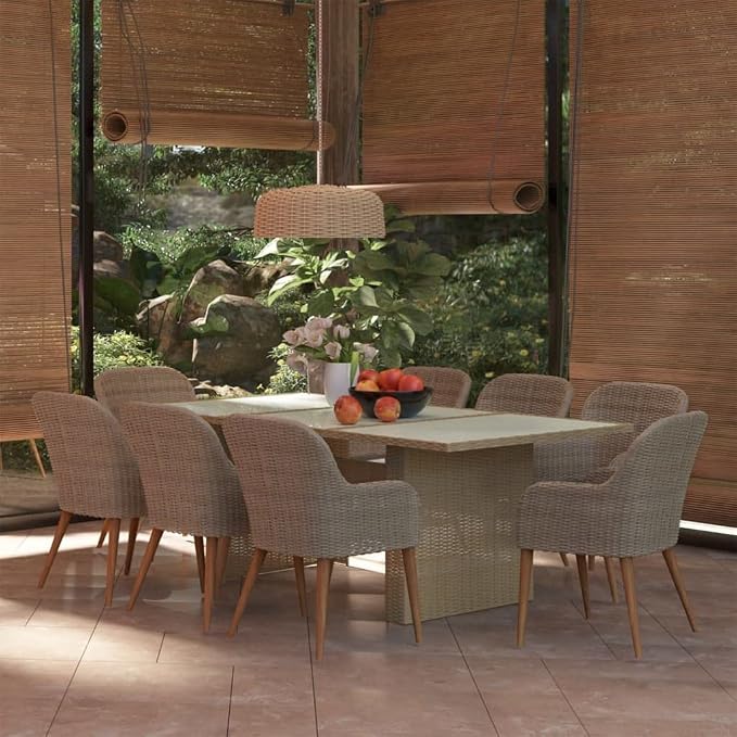 9 Piece Patio Dining Set, Outdoor Wicker Rattan Table and 8 Chairs with Soft Cushions for Garden, Backyard, Deck, and Poolside Furniture, Brown