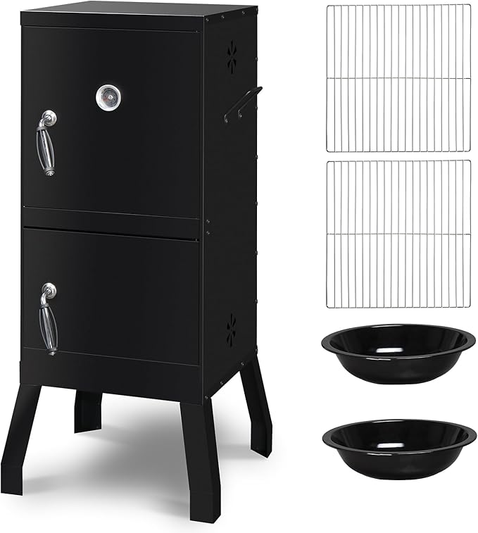 Vertical Charcoal Smoker with Double Doors & 2 Detachable Grill Racks – Outdoor BBQ Smoker Oven with Adjustable Air Vents, Thermometer & Water Pan – Heavy-Duty Camping/Backyard Grill (40.5x39x
