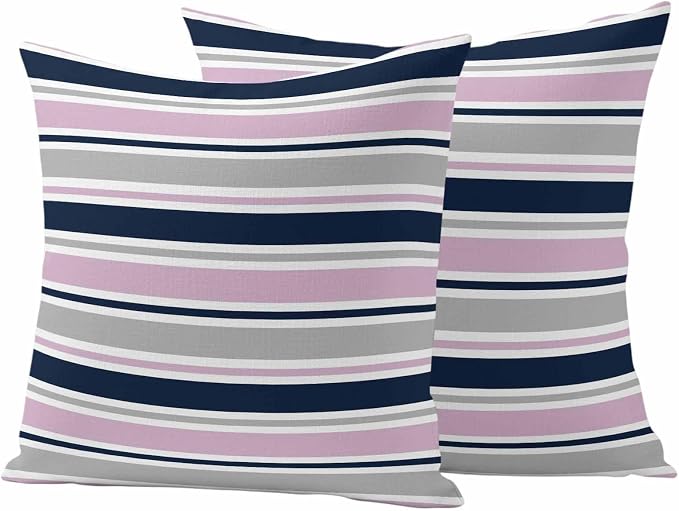 Pink Grey Striped Outdoor Pillow Cover 18x18 Inch Cushion Sham Case, Farmhouse Stripes Modern Abstract Art Waterproof Decorative Square Throw Pillowcase for Outside Garden Patio Porch Couch Chair Tent