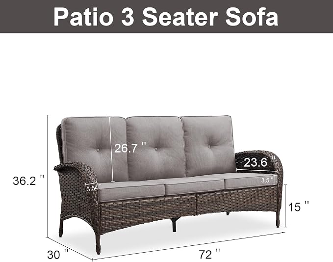 Belord Outdoor Patio Furniture - Wicker Sofa with Removable Cushion, 3 Seater Rattan Couch with Deep Seat, High Backrest, All-Weather for Balcony, Deck, Backyard, Brown/Grey