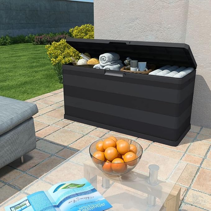 Black 46.1" Deck Box, Polypropylene Outdoor Storage for Patio Cushions & Garden Tools, Weatherproof