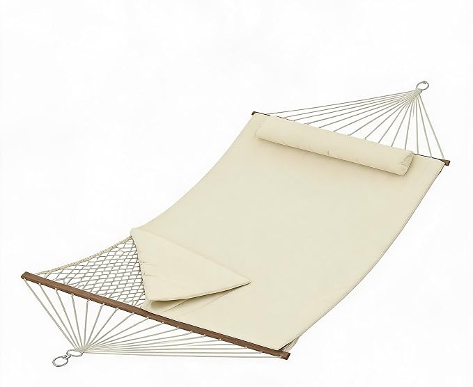 Garvee Double Quilted Fabric Hammock with Hardwood Spreader Bars and Pillow 450 LBS Capacity 2 Person Large Hammock for Outdoor Patio, Backyard, Poolside(Beige