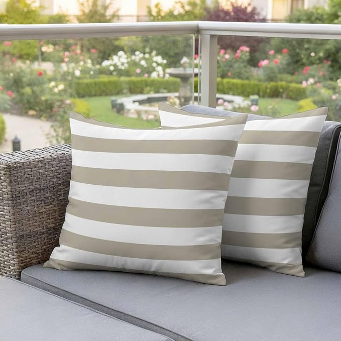JasmineM Outdoor Pillow Cover 24x24 Inches Set of 2 Tan and White Stripe Waterproof Throw Pillow Covers Taupe Tan Brown Stripes Decorative Pillowcases Garden Cushion Case for Patio Couch Sofa