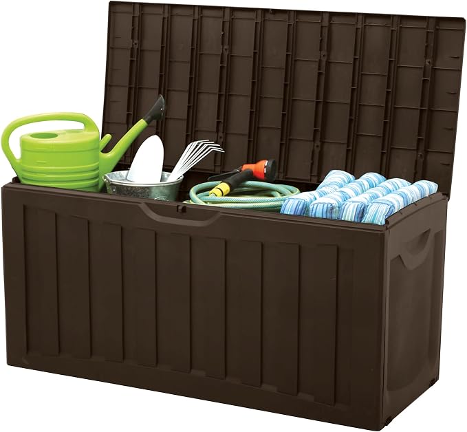 Ram Quality Products Plastic 90 Gallon Outdoor Lockable Backyard Storage Bin Deck Box for Cushions, Pool Accessories, and Towels, Brown