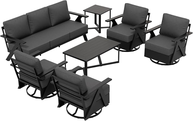 COOS BAY Iron Luxe 7 Piece Outdoor Patio Furniture Set, Modern Patio Conversation Set with 4 Swivel Rocking Chairs, a 3 Seat Couch, Coffee Table & Side Table for Deck, Garden, Porch, Black/Gray