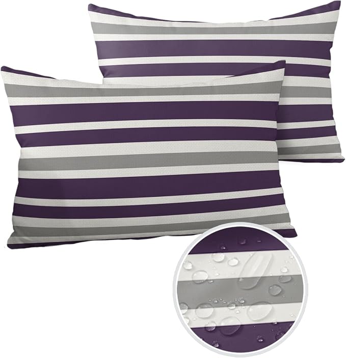 Outdoor Waterproof Pillow Covers for Patio Furniture Purple, Grey and White Stripes Decorative Throw Pillow Cover Farmhouse Stripe Pillowcases Set of 2 Cushion Case for Sofa Couch Chair 20 x 12 In