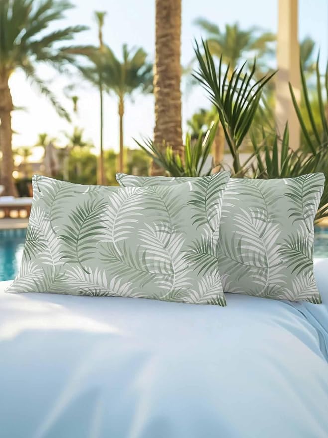 Waterproof Outdoor Pillow Set of 2 Green Tropical Palm Leaves Decorative Throw Pillows Cover & Insert 20x12 Inch Lumbar Pillowcase Summer Jungle Foliage Pillows for Couch Sofa Bed Patio Furniture