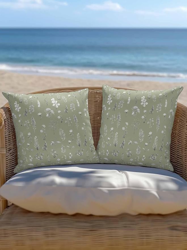 Outdoor Pillows with Inserts 18x18, Sage Green Wildflowers Waterproof Outdoor/Indoor Throw Pillows, Farmhouse Botanical Garden Floral Decorative Pillow for Bed Couch Sofa Patio Furniture