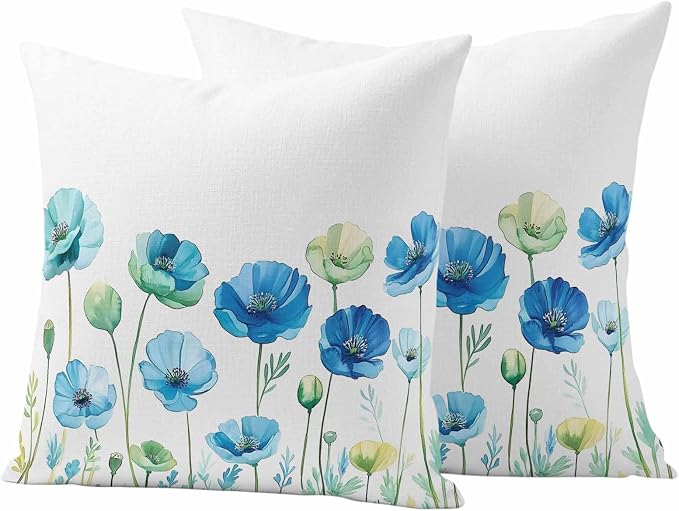 Spring Floral Outdoor Waterproof Throw Pillow Covers Set of 2, 18"x18", Watercolor Blue Poppy Flower Decorative Pillow Covers Outside Cushion Case for Patio Porch Garden
