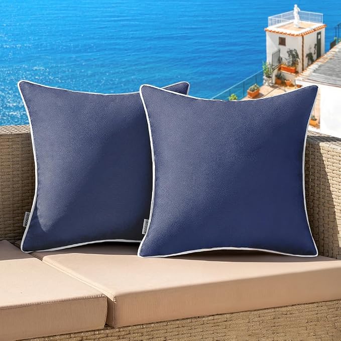 MIULEE Outdoor Waterproof Pillow Covers 20x20 Navy Pack of 2 | Decorative Farmhouse Throw Pillow Covers with Piping,Square Solid Color,Patio Furniture,Summer Couch Tent Sofa Living Room