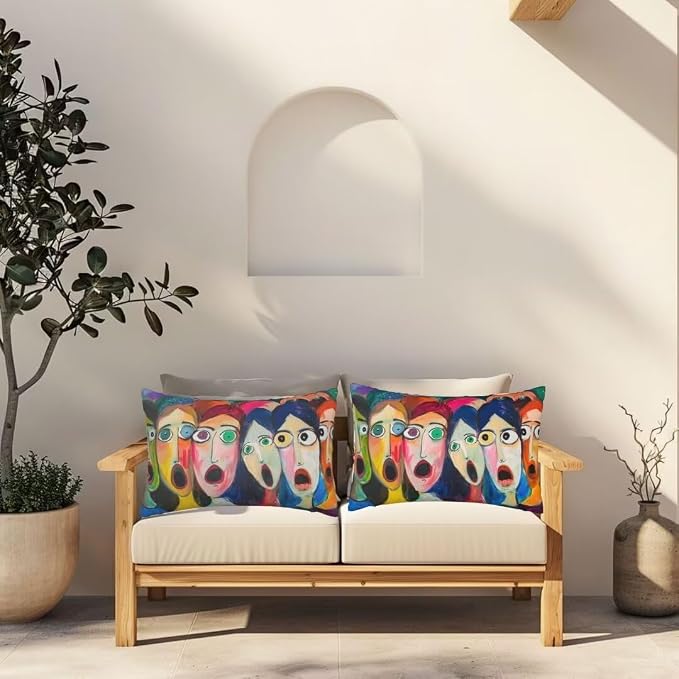 Outdoor Pillows Waterproof Set of 2 Outdoor Pillow Covers 16x24 Inch, Abstract Throw Pillows Face Pillow Covers, Summer Garden Decorative Pillows Outdoor Pillows for Patio Furniture Home Decor -hs432