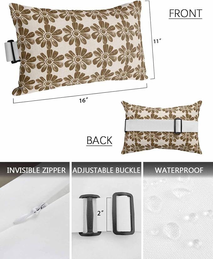 Pack of 2 Outdoor Lumbar Cushions with Inserts, Retro Brown Flower Linen Background Waterproof Fluffy Fade Body Pillows, Patio Furniture Pillow for Home Balcony Garden Decor 11x16IN