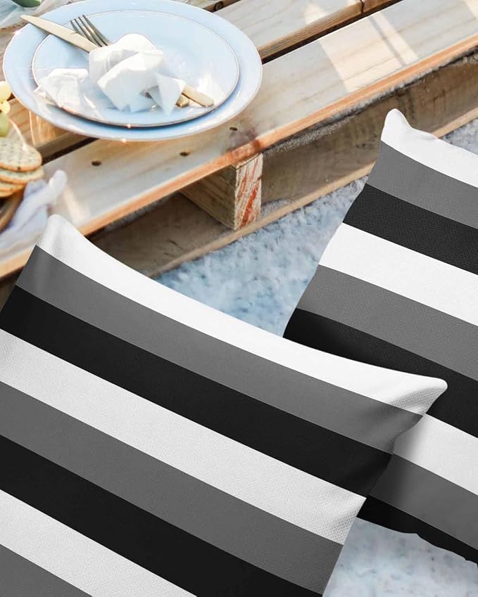 Pack of 2 Modern Stripes Outdoor Pillow Waterproof Covers 24x24 inch, Black Gray White Polyester Throw Pillow Covers Garden Cushion Decorative Case for Patio Couch Decoration