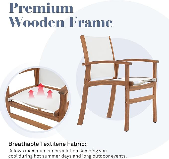 OC Orange-Casual Patio Furniture Set, Acacia Wood Patio Dining Set for 6-8, Outdoor Expandable Table and Chairs Set with Umbrella Hole and Breathable Textilene Fabric for Garden (White, 7 Pieces)