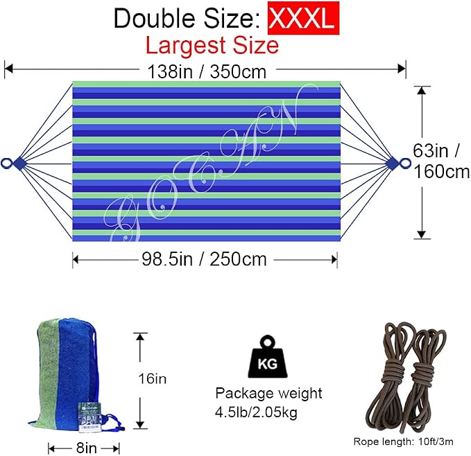 GOCAN Brazilian Double Hammock 2 Person Extra Large Canvas 250x160cm Total Length 350cm Load 500lb Cotton Hammock for Garden Outdoor and Indoor