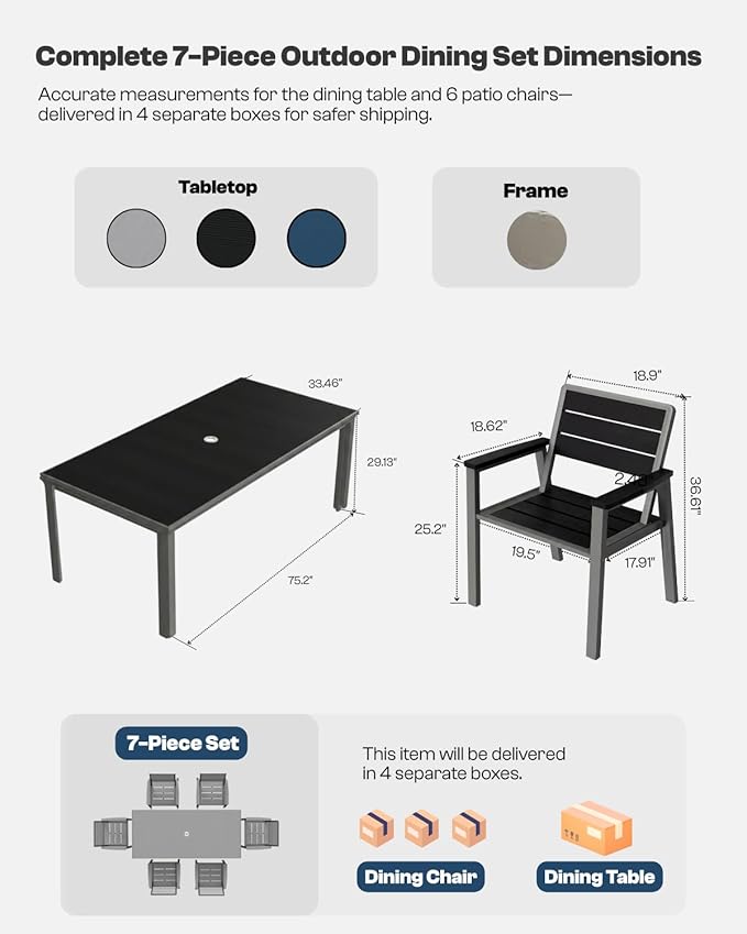 4 Person Outdoor Dining Set, Aluminum & HDPE Patio Table and Chairs with 2" Umbrella Hole, Weather-Resistant Outdoor Furniture for Backyard, Deck, Porch, Garden, Poolside (Black)