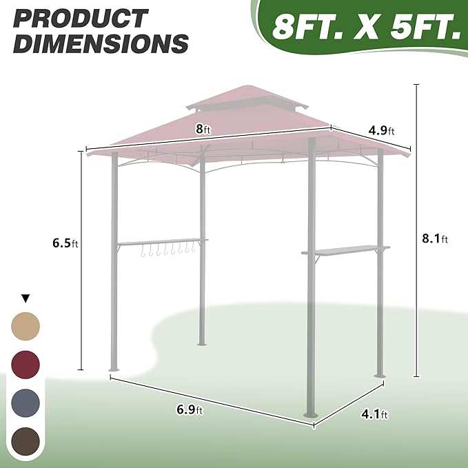 GARTOO 8'x5' Outdoor Grill Gazebo - Double Roof BBQ Gazebo Canopy with 2 Side Shelves and LED Lights, Patio BBQ Pergola Shelter for Garden, Porch and Backyard (Red)