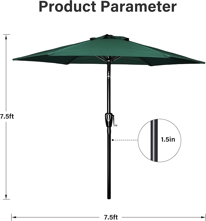 YSSOA 2 Pack 7.5' Patio Umbrella Outdoor Table Market Yard Umbrella with 6 Sturdy Ribs, Green