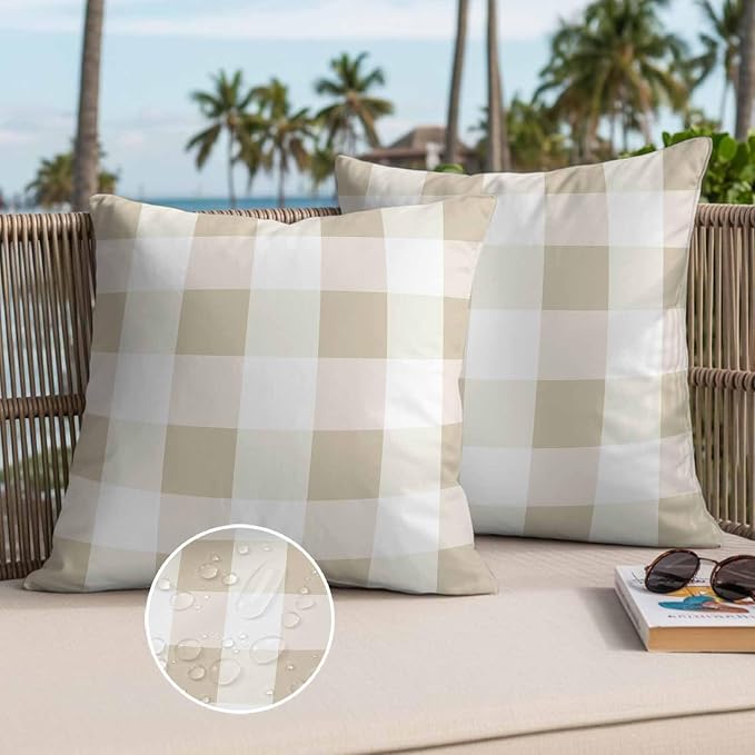 Buffalo Yellow Plaid Outdoor Waterproof Throw Pillow Covers Set of 2, 24"x24", Spring Simple Pattern Decorative Pillow Covers Outside Cushion Case for Patio Porch Garden