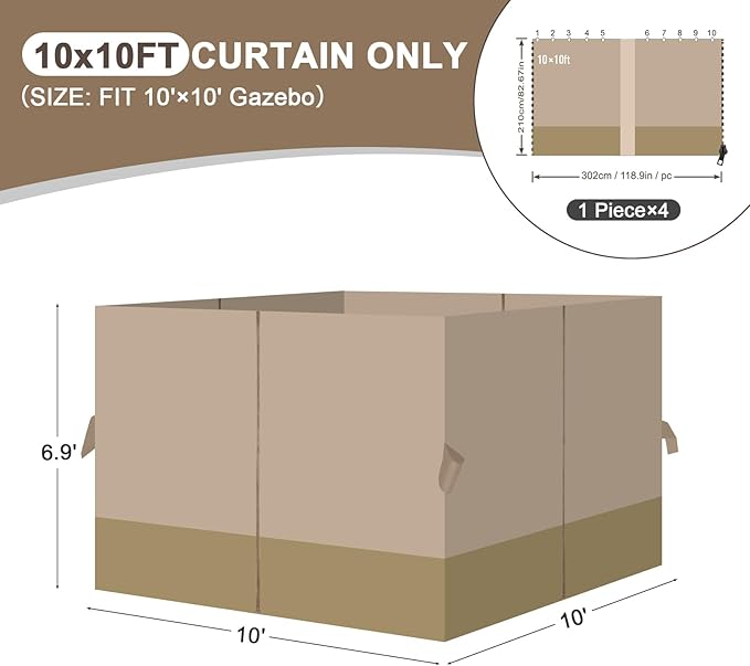 Aoodor 10x10 ft Outdoor Gazebo Curtains, 4 Panels Waterproof Privacy Sidewall Replacement with Zipper for Patio Pergola and Canopy, Sand Yellow and Khaki