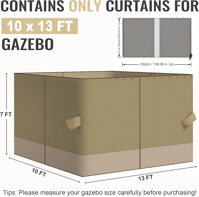 COWVIE 4-Panel 10' x 13' Gazebo Replacement Curtains, Patio Privacy Sidewalls with Double Zipper, Replacement for Outdoor Gazebo Canopy (Curtain Only)