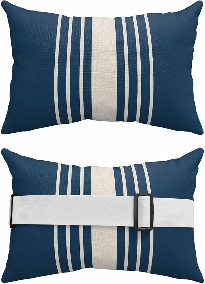Pack of 2 Outdoor Lumbar Pillow Covers 12x20 Inch, Navy Blue Beige Striped Waterproof Throw Pillow Covers Set, Modern Farmhouse Retro Lines Indoor&Outdoor Cushion Cases for Patio Porch Beach