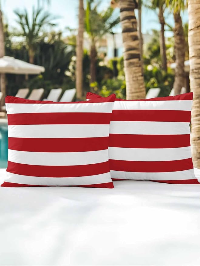 Waterproof Outdoor Pillow Set of 2 Red White Stripe Decorative Throw Pillows Cover & Insert 18x18 Inch Pillowcase Simple Style Striped Square Pillows for Couch Sofa Bed Patio Furniture Indoor Outdoor