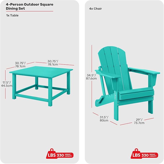 Costaelm Patio Conversation Set, 5 piece Balcony Furniture, Small Patio Firepit Furniture Outdoor Adirondack Square Coffee Table and Chair for Backyard Lawn Porch Pool Garden, Turquoise