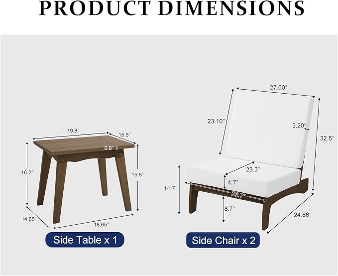 Pia Ricoo 3 Piece Patio Bistro Set with Patio Chairs and Table, Heavy Duty Wood Patio Furniture Set, All-Weather Outdoor Chairs for Balcony, Deck, Poolside, Porch - Beige