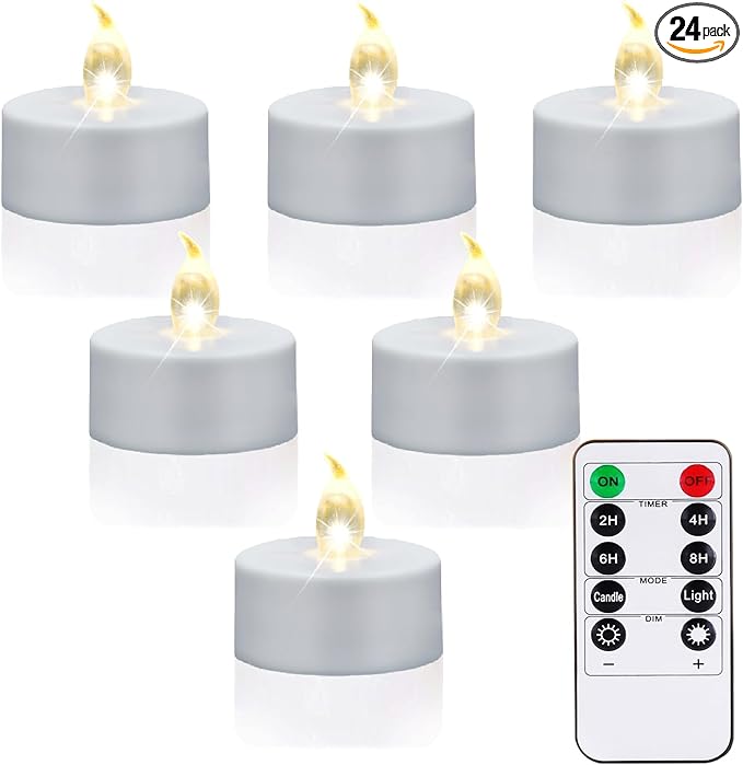 Battery Operated Tea Lights with Remote, Flickering Flameless Candle with Timer,24Pack Realistic Votive Led Electric Tealights,Last for 400+Hours,for Weddings Party Decor(Warm White)