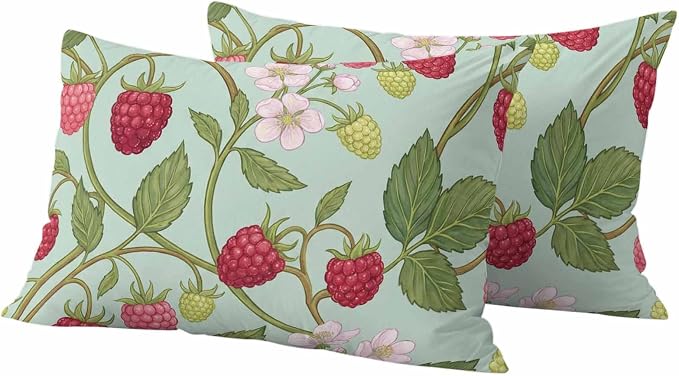 Raspberry Leaves Outdoor Pillow Covers 20"x12" Set of 2, Watercolor Red Pink Fruit Floral Mint Green Waterproof Throw Pillow Covers for Patio Furniture, Decorative Cushion Covers for Porch