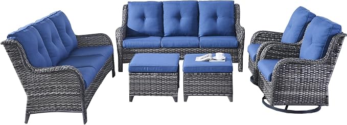 Rilyson Wicker Patio Furniture Set - 6 Piece Rattan Outdoor Sectional Conversation Sets with 2 Rocking Swivel Chairs,2 Ottomans and 2 Sofa for Porch Deck Garden(Mixed Grey/Blue)