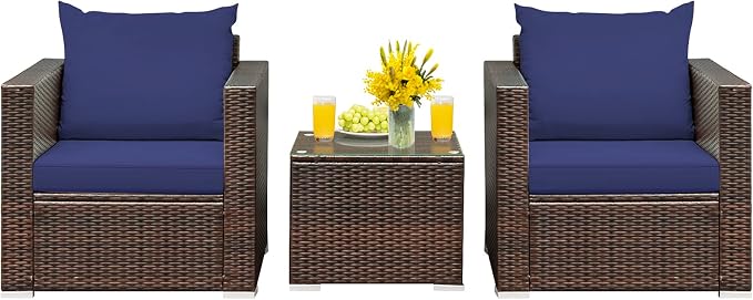 Patio Conversation Set Outdoor, 3-Piece Rattan Wicker Furniture Set with Water-Resistant Cushion & Tempered Glass Tabletop, Patio Furniture Set for Balcony, Porch, Poolside (Navy-Blue)