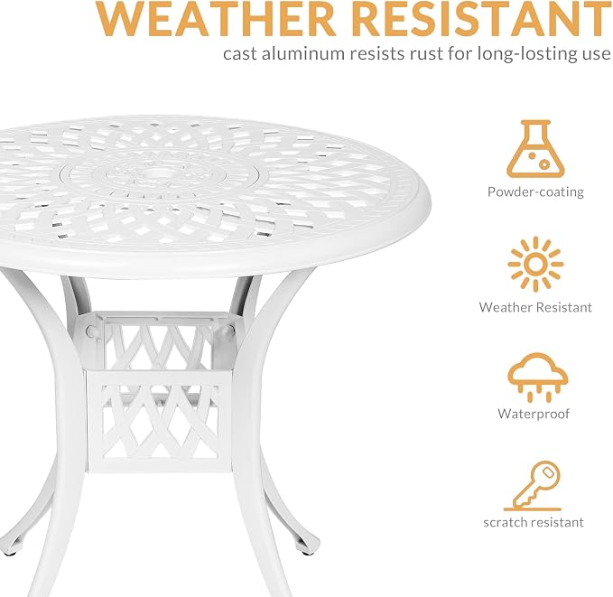3-Piece Outdoor Patio Dining Set, All-Weather Cast Aluminum Patio Furniture Set for Backyard Garden Deck with 2 Cushioned Chairs and 31” Round Table, 2" Umbrella Hole, White