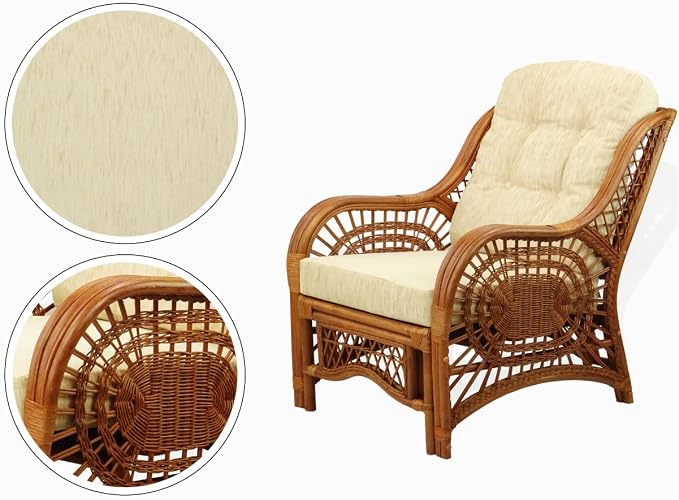 Malibu Lounge Set of 4: 2 Natural Rattan Wicker Chairs, Three-Seater Sofa with Cushions, and Coffee Table with Glass Handmade, Colonial Color