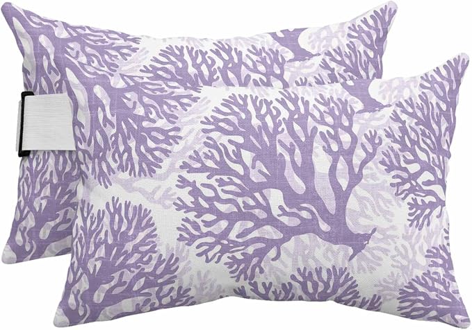 Outdoor Lumbar Pillow Set of 2, Purple Coral Waterproof Beach Headrest Pillow with Inserts, Coastal Summer Ocean Nautical Sea Recliner Throw Pillows for Patio Furniture, 12 x 20