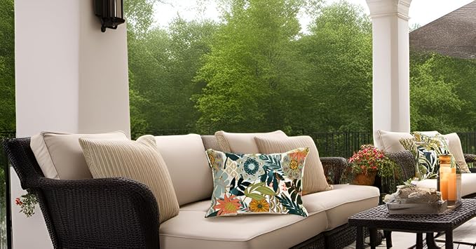 Floral Outdoor Pillow Covers Waterproof Boho Flowers Leaves Decorative Patio Pillows Cushion Covers Set of 4 for Porch Bench Furniture Decor