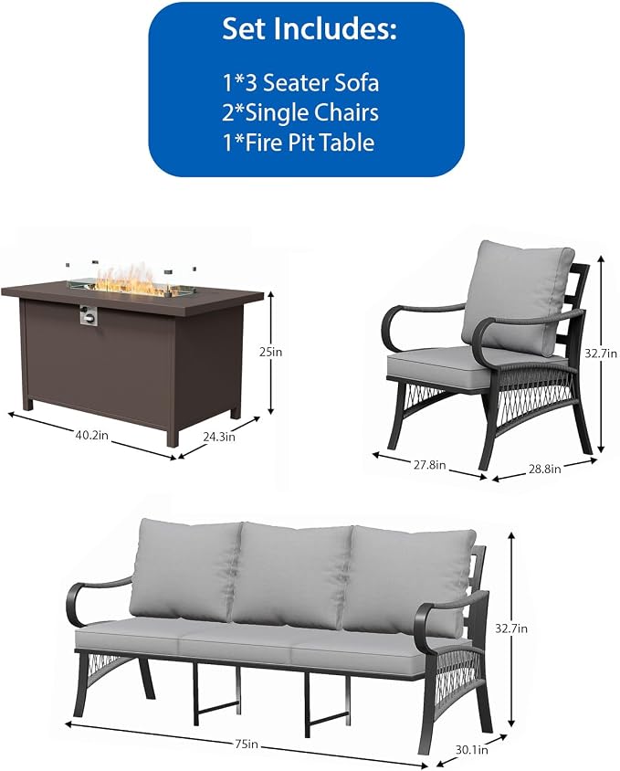 4 Piece Patio Furniture Set with 50000 BTU Propane Fire Pit Table, All Weather Metal Outdoor Conversation Sofa Set with Thick Cushions for Garden, Porch, Lawn, Grey