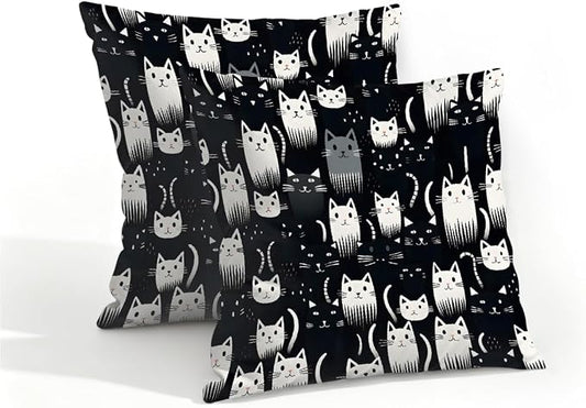 16x16 Inch Outdoor Pillow Covers Set of 2 Waterproof Throw Pillow Covers Decorative Couch Cushion Covers Cats Black White Square Pillowcases Protectors for Patio Garden Sofa
