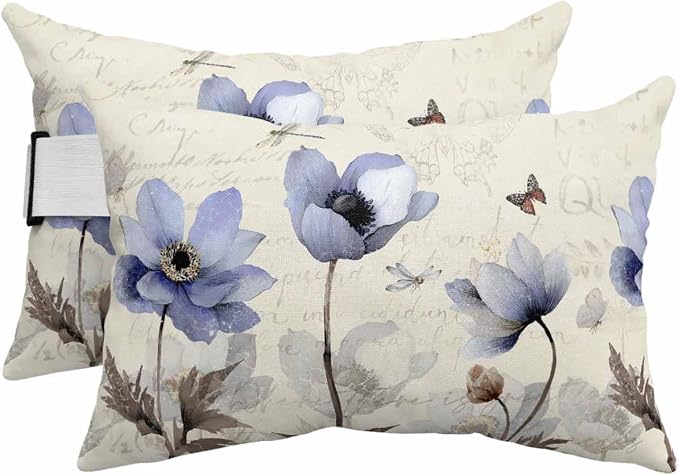 Elegant Blue Flower Outdoor Beach Chair Pillow Headrest for Chaise Lounge Chair, Retro Dragonfly Butterfly Recliner Head Pillow Waterproof Pillowcases with Elastic Stripes & Pillow Inserts 11x16,2 Pcs