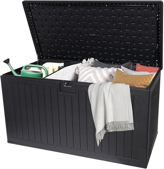 Extra Large Lockable Metal Deck Box, Waterproof Outdoor Patio Storage Container for Furniture Cushions, Pool Accessories & Garden Tools (Black + Plastic, 260, Gallons)