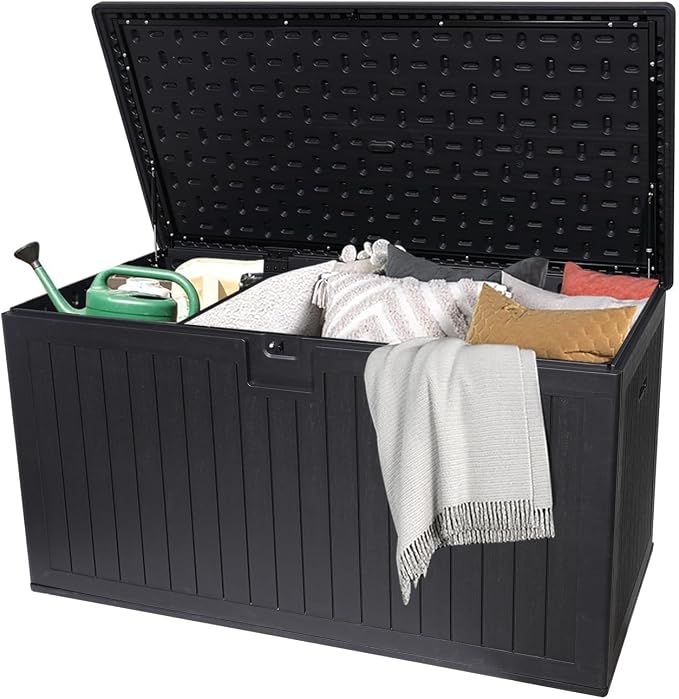 260 Gallon Resin Outdoor Deck Box Waterproof, Extra Large Patio Storage Box with Lockable Storage Containers for Patio Furniture Cushions, Pool Accessories, Garden Tools