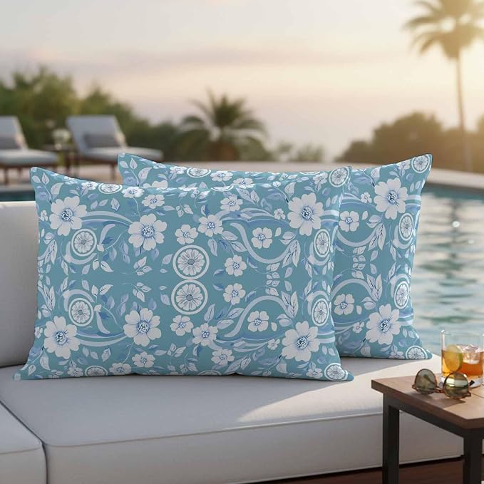 Blue Floral Outdoor Pillow Covers 20x12 Inch Lumbar Pillow Covers Set of 2 Waterproof Decorative Throw Pillow Cases Vintage Pastoral Botanical Leaves Cushion Covers for Patio Furniture Garden Couch