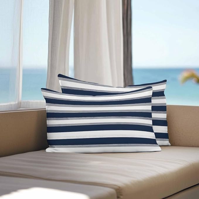 Minimalist Blue Grey White Line Outdoor Pillow Covers 20x12in Pack of 2 Waterproof Pillowcase Classic Colorful Ombre Stripe Decorative Throw Cushion Case for Patio Couch Sofa